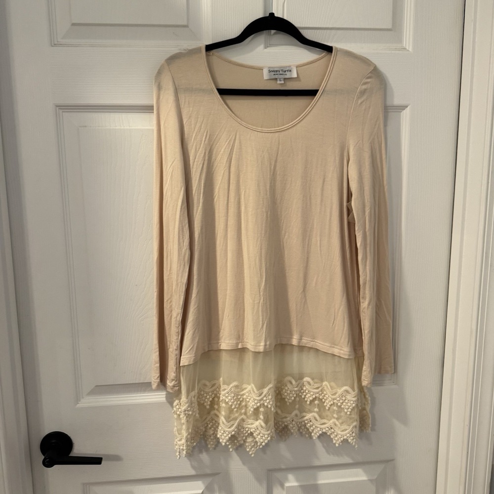 Snappy turtle Shirt Sz L‎ With Lace Extender boho Long sleeves top Beige Cowgirl